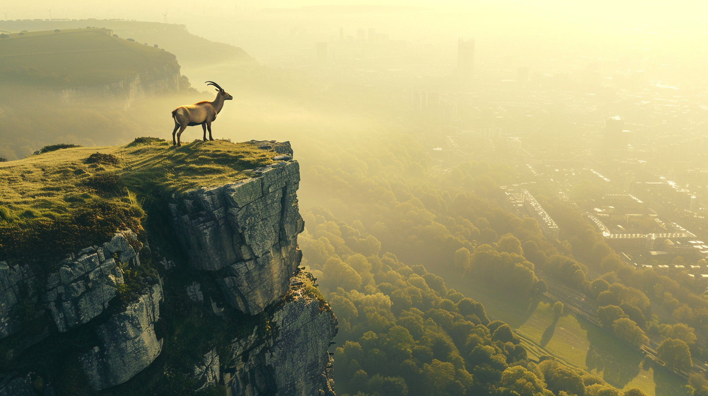 Mountain goat overlooking a British city landscape